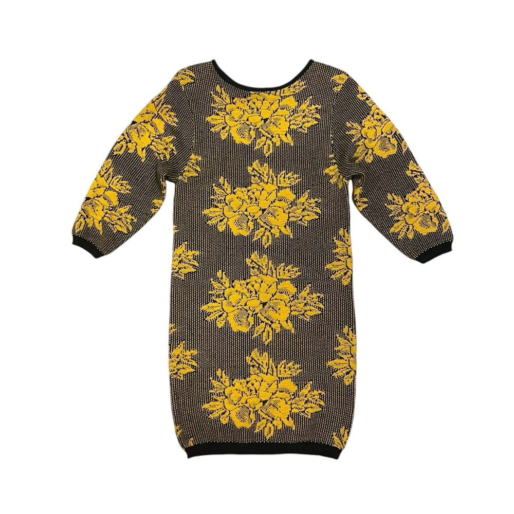 80s vintage / yellow and black floral knit sweater dress